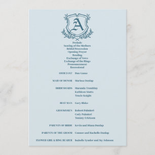 Pastellblaues Leaf und blumenmonogramm Hochzeit Programm