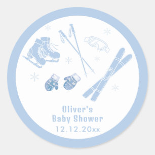 Pastellblaues Winter Après Bébé Ski Boy Baby Showe Runder Aufkleber