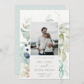 Pastellblaugrüne Foliage Save the Date Fotokarte Dankeskarte (Vorne/Hinten)