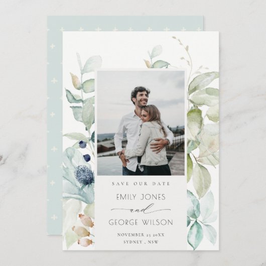 Pastellblaugrüne Foliage Save the Date Fotokarte Dankeskarte (Vorne/Hinten)