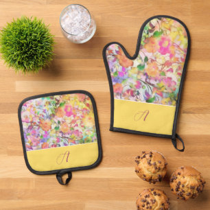 Pastellblumen-Monogramm-Küchentuch Ofenhandschuh & Topflappen-Set