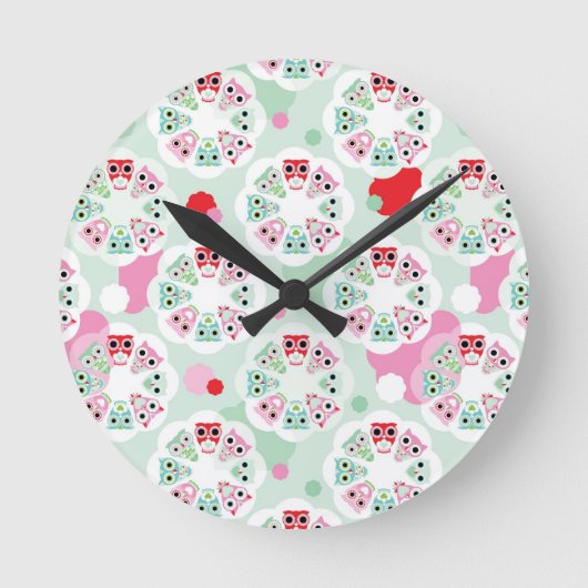 PastellBlumeneulen-Hintergrundmuster Runde Wanduhr (Vorderseite)