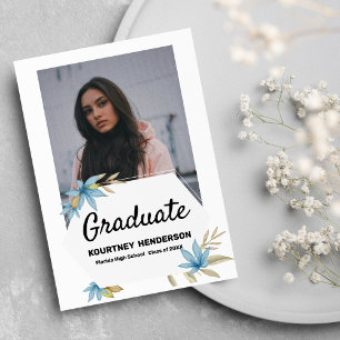 Pastellbraun-blaue Blume Foto Graduation Party Einladung