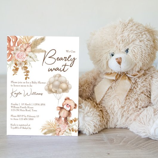 Pastellcreme, getrocknete Blume Boho Teddy Bär Einladung