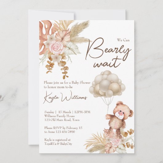 Pastellcreme, getrocknete Blume Boho Teddy Bär Einladung (Vorderseite)