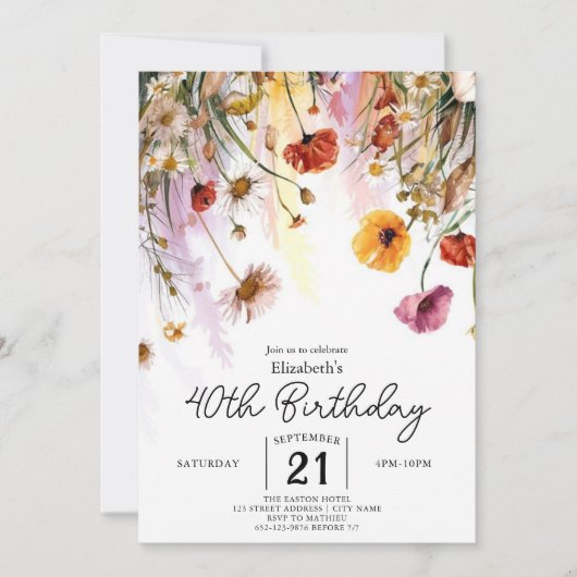 Pastelle Blume Wildblumen 40. Geburtstag Einladung (Vorderseite)