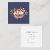 Pastelle & Dark Blue Boho Floral Bouquet Monogram Quadratische Visitenkarte (Vorne/Hinten)