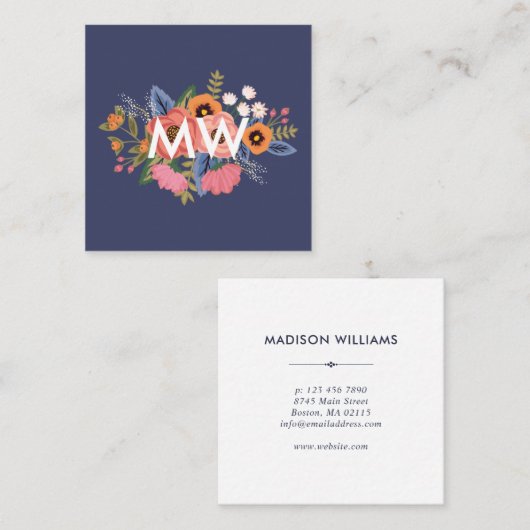 Pastelle & Dark Blue Boho Floral Bouquet Monogram Quadratische Visitenkarte (Vorne/Hinten)