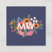 Pastelle & Dark Blue Boho Floral Bouquet Monogram Quadratische Visitenkarte (Vorderseite)
