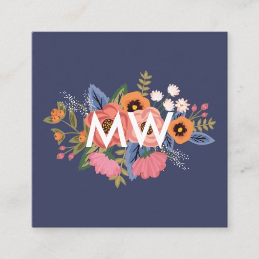 Pastelle & Dark Blue Boho Floral Bouquet Monogram Quadratische Visitenkarte (Vorderseite)