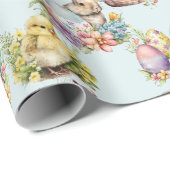 Pastelleier, Bunny, Chick Floral Blue Geschenkpapier (Rolleneckpunkt)