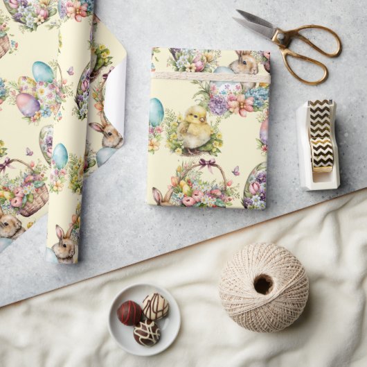 Pastelleier, Bunny, Chick Floral Gelb Geschenkpapier (Kunsthandwerk)