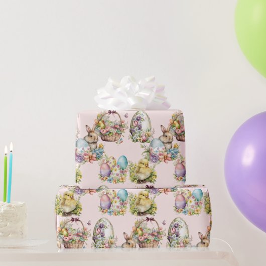 Pastelleier, Bunny, Chick Floral Pink Geschenkpapier (Partygeschenke)