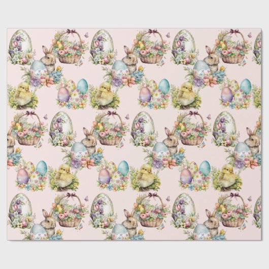 Pastelleier, Bunny, Chick Floral Pink Geschenkpapier (Flach)