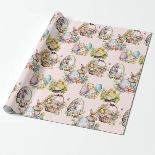 Pastelleier, Bunny, Chick Floral Pink Geschenkpapier (Ungerollt)
