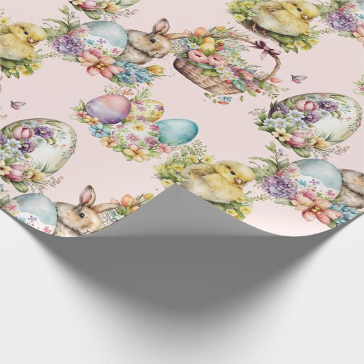 Pastelleier, Bunny, Chick Floral Pink Geschenkpapier (Ecke)