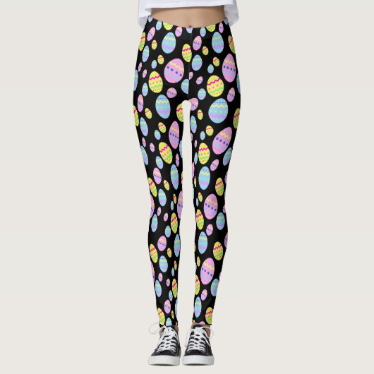 Pastelleier-Muster auf schwarz Leggings (Vorderseite)
