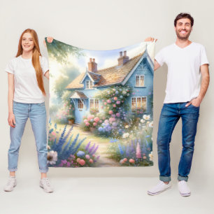 Pastellene Cottage-Garten-Blauhaus-Blumen-Szene Fleecedecke