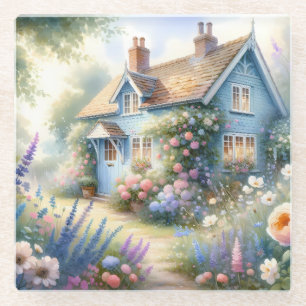 Pastellene Cottage-Garten-Blauhaus-Blumen-Szene Glasuntersetzer