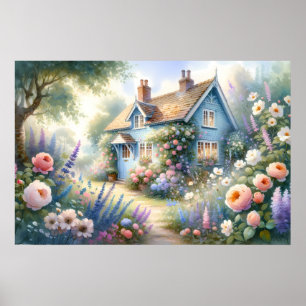 Pastellene Cottage-Garten-Blumenhaus-Szene Poster