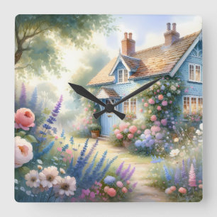 Pastellene Cottage-Garten-Blumenhaus-Szene Quadratische Wanduhr