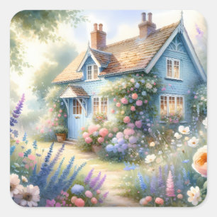 Pastellene Cottage-Garten-Blumenhaus-Szene Quadratischer Aufkleber