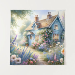 Pastellene Cottage-Garten-Blumenhaus-Szene Wandteppich