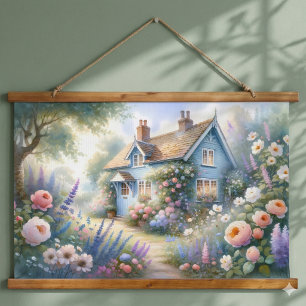 Pastellene Cottage-Garten-Blumenhaus-Szene Wandteppich Mit Holzrahmen