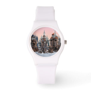 Pastellene futuristische Stadt Fantasy-Skyline-Kun Armbanduhr