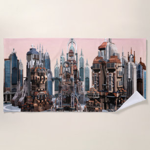 Pastellene futuristische Stadt Fantasy-Skyline-Kun Strandtuch