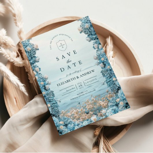Pastellene Küstenblaue Blumen Hochzeit Save The Date