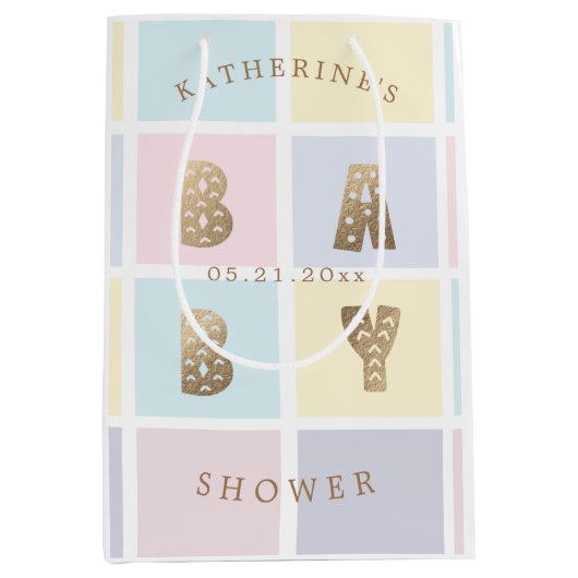 Pastellfarbblock Gold Kinderdusche Mittlere Geschenktüte (Vorderseite)