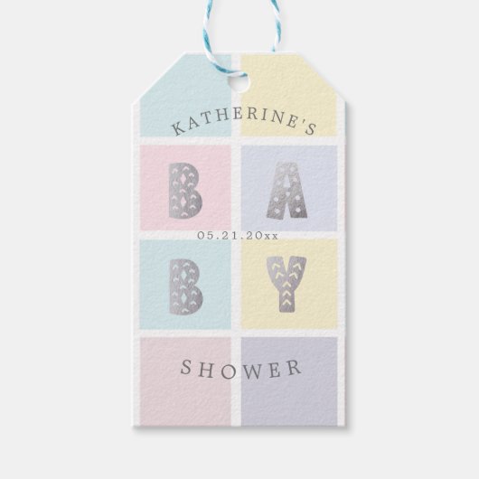 Pastellfarbblock Silver Baby Dusche Geschenktasten Geschenkanhänger (Vorderseite)
