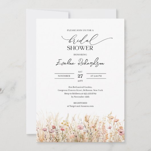 Pastellfarben Aquarellfeder-Wildblumen Braut Einladung (Vorderseite)