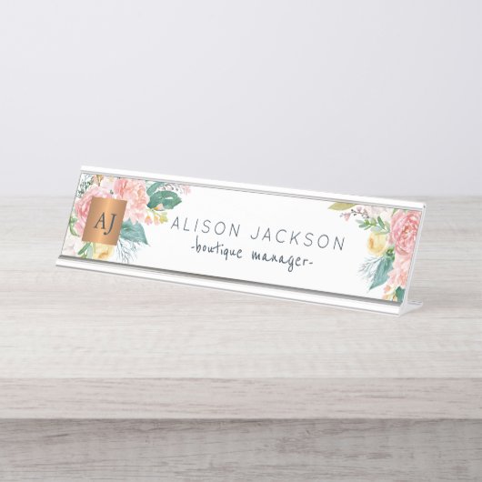 Pastellfarben aus geblümtem Goldkupfer mit Monogra Schreibtischnamensplakette (Vorderseite )