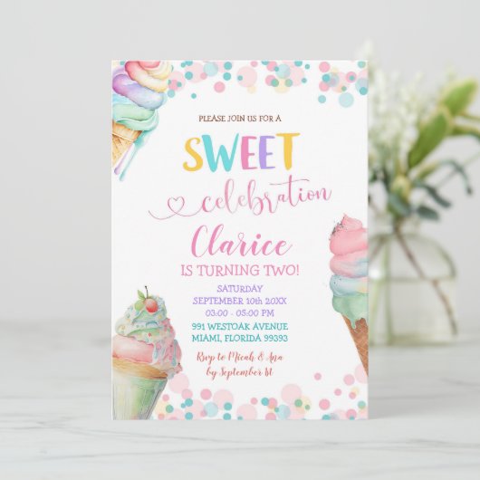 Pastellfarben Eiscreme Einladung (Stehend Vorderseite)