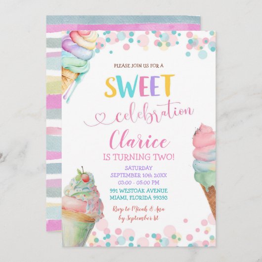Pastellfarben Eiscreme Einladung (Vorne/Hinten)