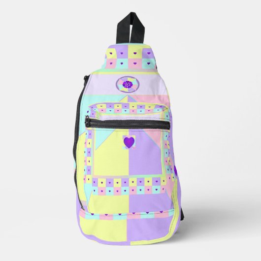 Pastellfarben & lila Herzen schlagen Crossbody Bag (Vorderseite)