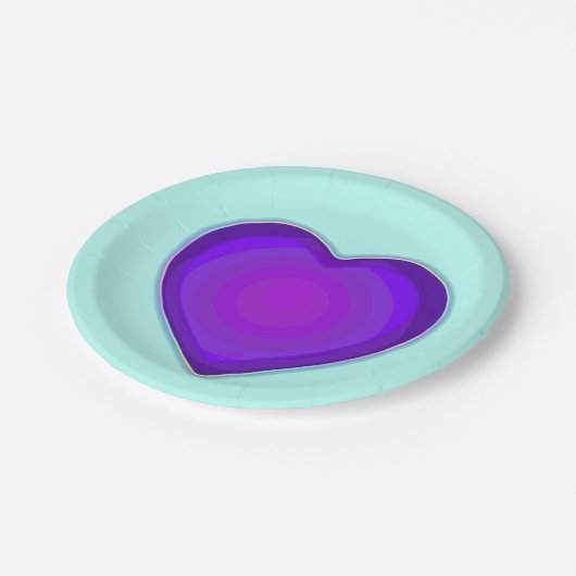 Pastellfarben & lila Herzen schlagen Pappteller (Schrägansicht)