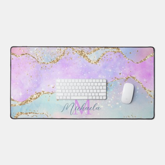 Pastellfarben Pink Blue Agate Glitzer Monogramm Schreibtischunterlage (Tastatur & Maus)