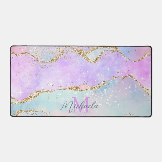 Pastellfarben Pink Blue Agate Glitzer Monogramm Schreibtischunterlage (Vorderseite)