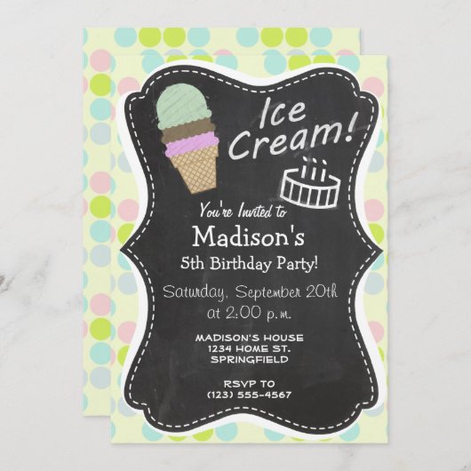 Pastellfarben, Polka-Dot; Eiscreme Einladung (Vorne/Hinten)