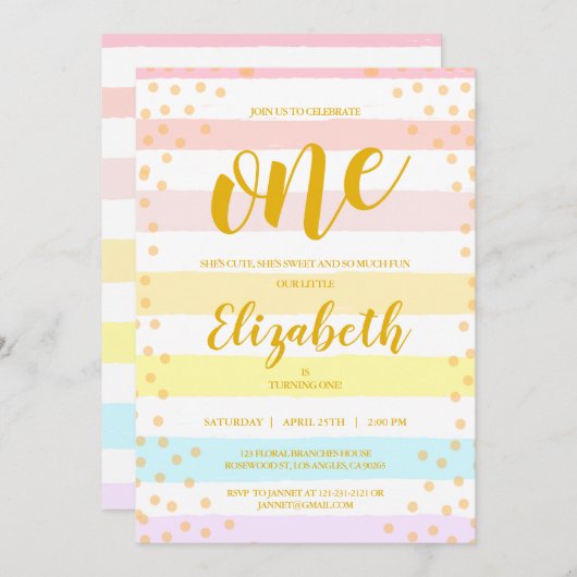 Pastellfarben Rosa Streifen Dot Wasserfarbe Mädche Einladung (Vorne/Hinten)