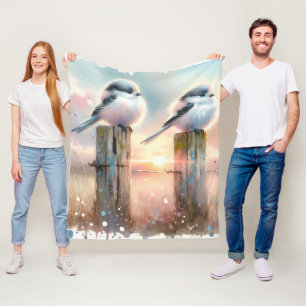 Pastellfarbene Aquarellvögel auf einem Zaunpfosten Fleecedecke