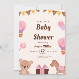 Pastellfarbene Babyparty-Einladung – Ballons, Bär Einladung
