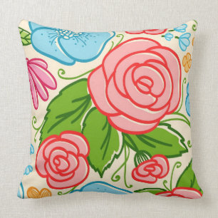 Pastellfarbene Blume und Rose - Rosa Blau und Beig Kissen