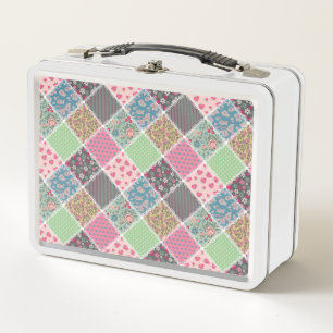 Pastellfarbene Blumen- Quilt Quadrate Metall Brotdose