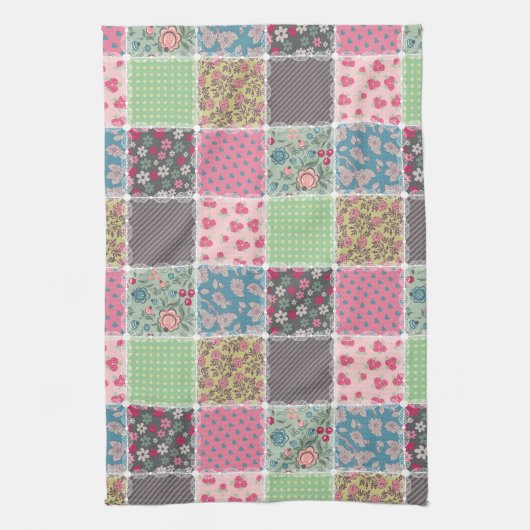 Pastellfarbene Blumen-Quiltquadrate Geschirrtuch (Vertikal)