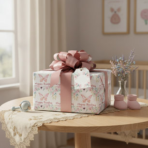 Pastellfarbene Blumen und Schmetterling Baby-Gebur Geschenkpapier