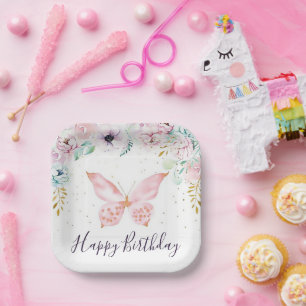 Pastellfarbene Blumen- und Schmetterlings-Babypart Pappteller